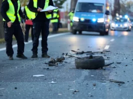 Policjanci zabezpieczający miejsce kolizji drogowej wśród rozrzuconych części auta jako symbol działań potrzebnych do ochrony swoich interesów po wypadku